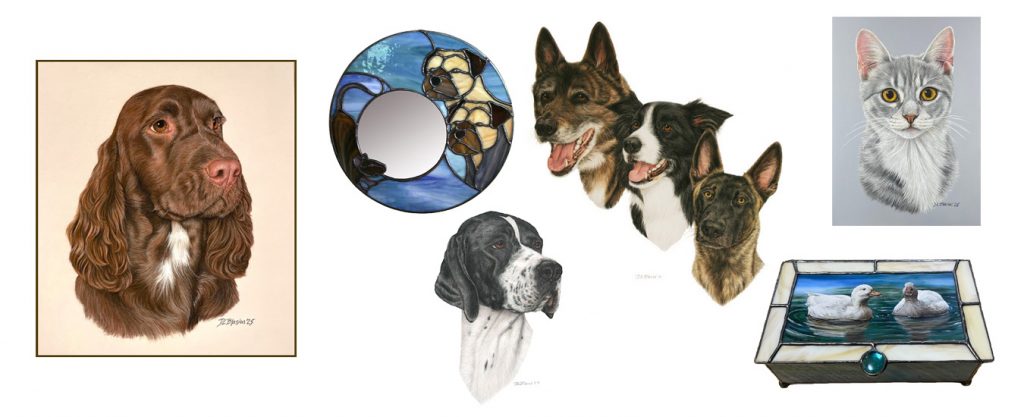 Diane Blasius pet portraits in pastels, acrylic paint, and stained glass